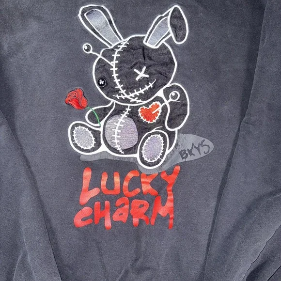 BKYS Sweatshirt Mens Large Black Lucky Charm Bunny Graphic Pullover Crewneck - Picture 3 of 9
